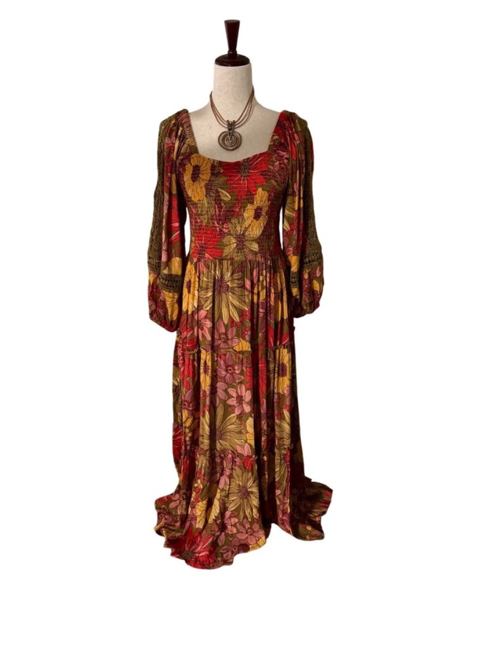 Angie Bohemian Floral Maxi Dress L Square Neckline Long Sleeves Cottagecore boho
